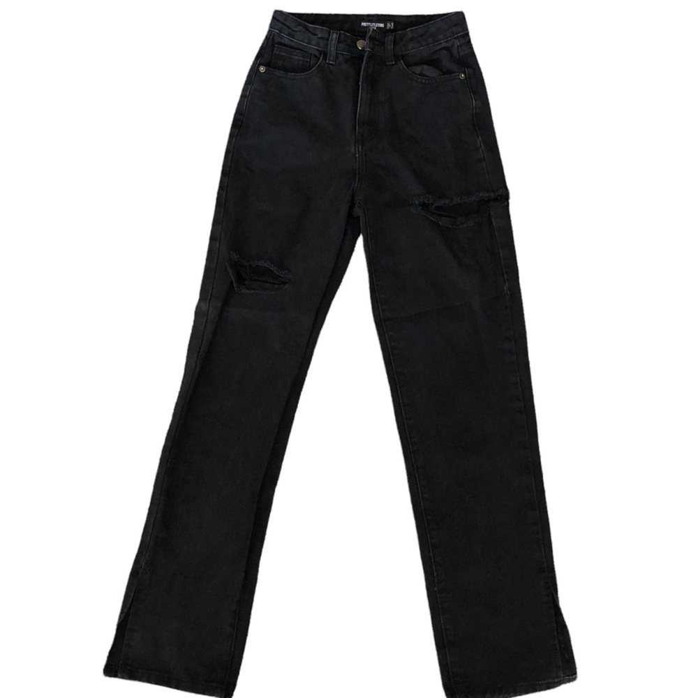 Prettylittlething Petite dark high-waisted distress jeans